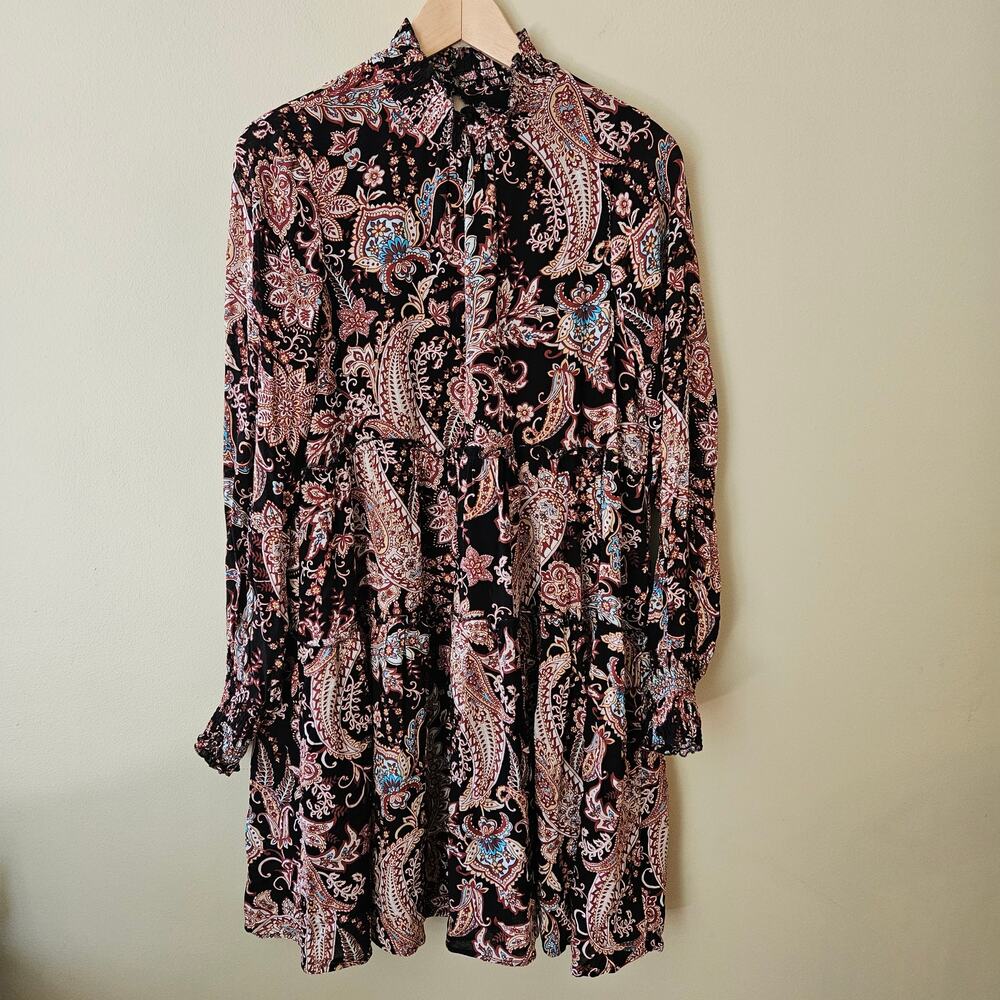 Anthropologie Cady Tiered Tunic Dress XS Paisley Boho Long Sleeve Ruffle